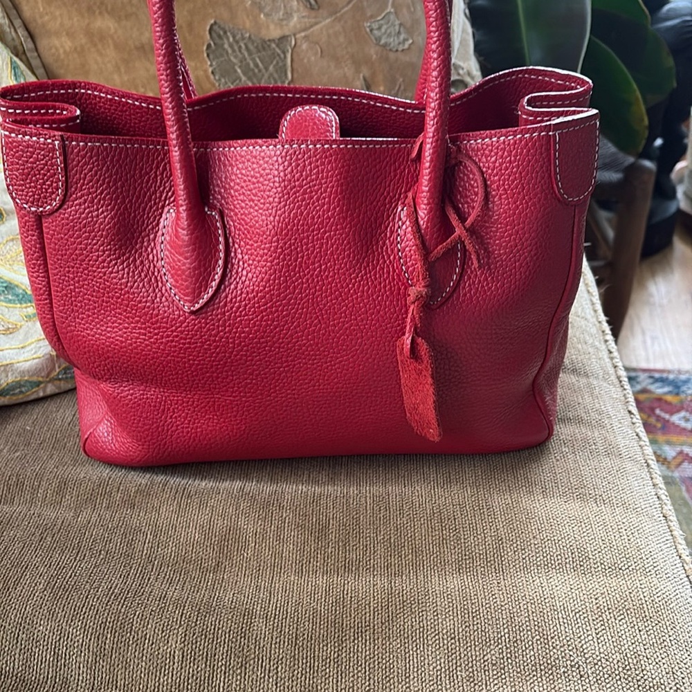 Pebbled Red Leather Tote with Top Tab and Dual Shoulder Straps